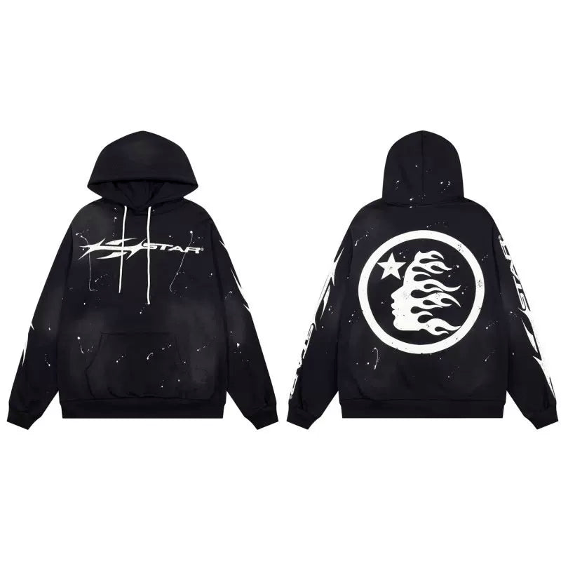 Hellstar Studios Black Splash Ink Circular Flame Portrait Unisex Hoodie Sweatshirt
