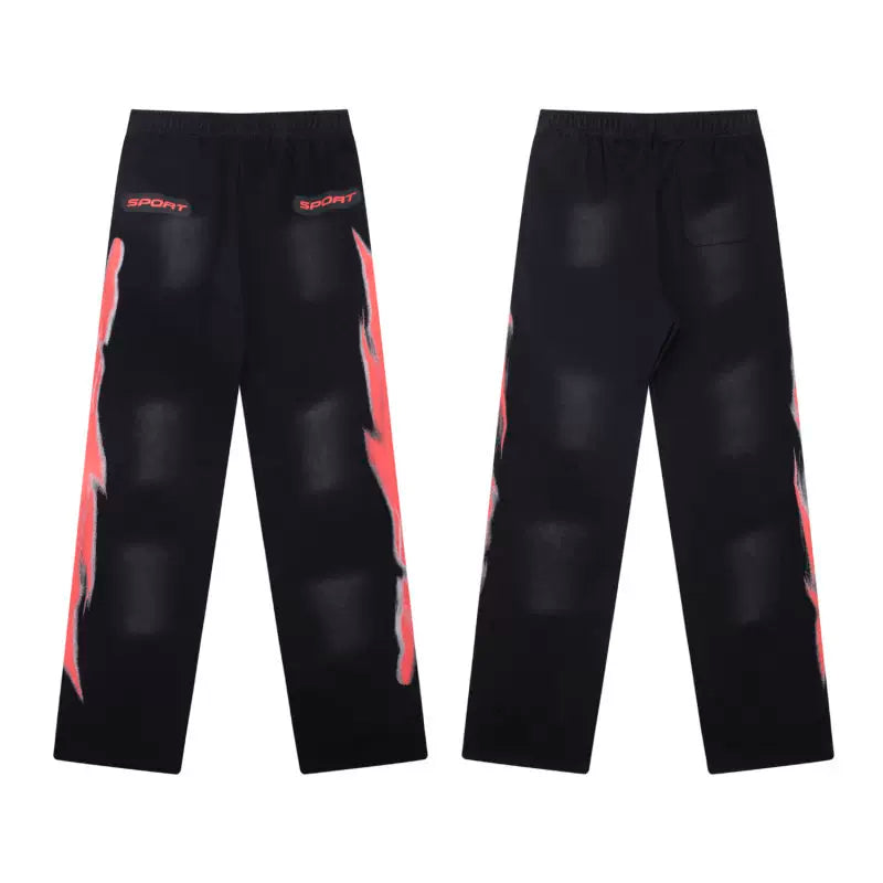 Hellstar Vintage Faded Black Red‑Flame Wide‑Leg Sweatpants