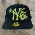 Hellstar Black Fluorescent Green Rhinestone 3D Embroidery Flat Brim Snapback Cap