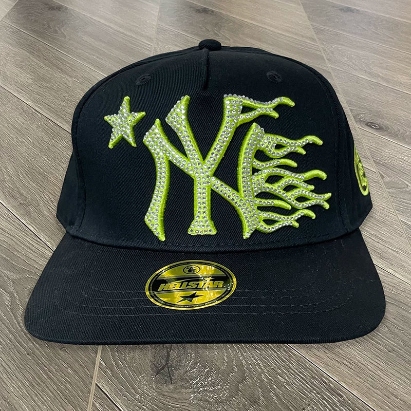 Hellstar Black Fluorescent Green Rhinestone 3D Embroidery Flat Brim Snapback Cap