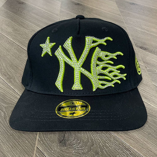 Hellstar Black Fluorescent Green Rhinestone 3D Embroidery Flat Brim Snapback Cap
