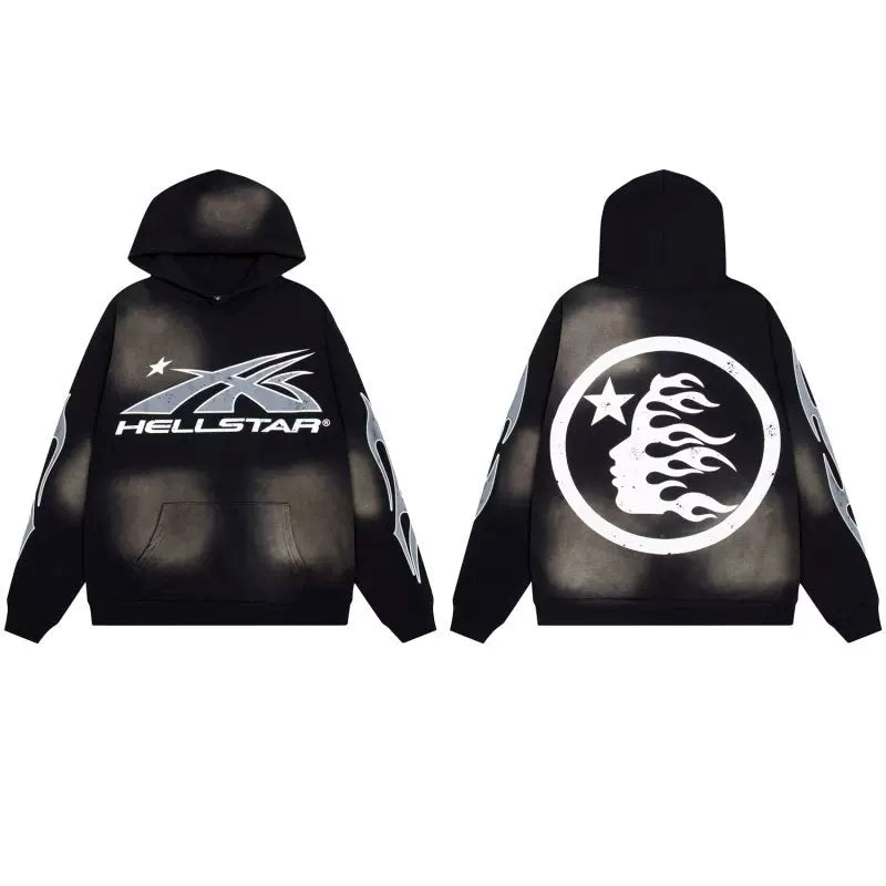 Hellstar Studios Black Cloud Wash Silver Front Logo Circular Portrait Unisex Hoodie Sweatshirt