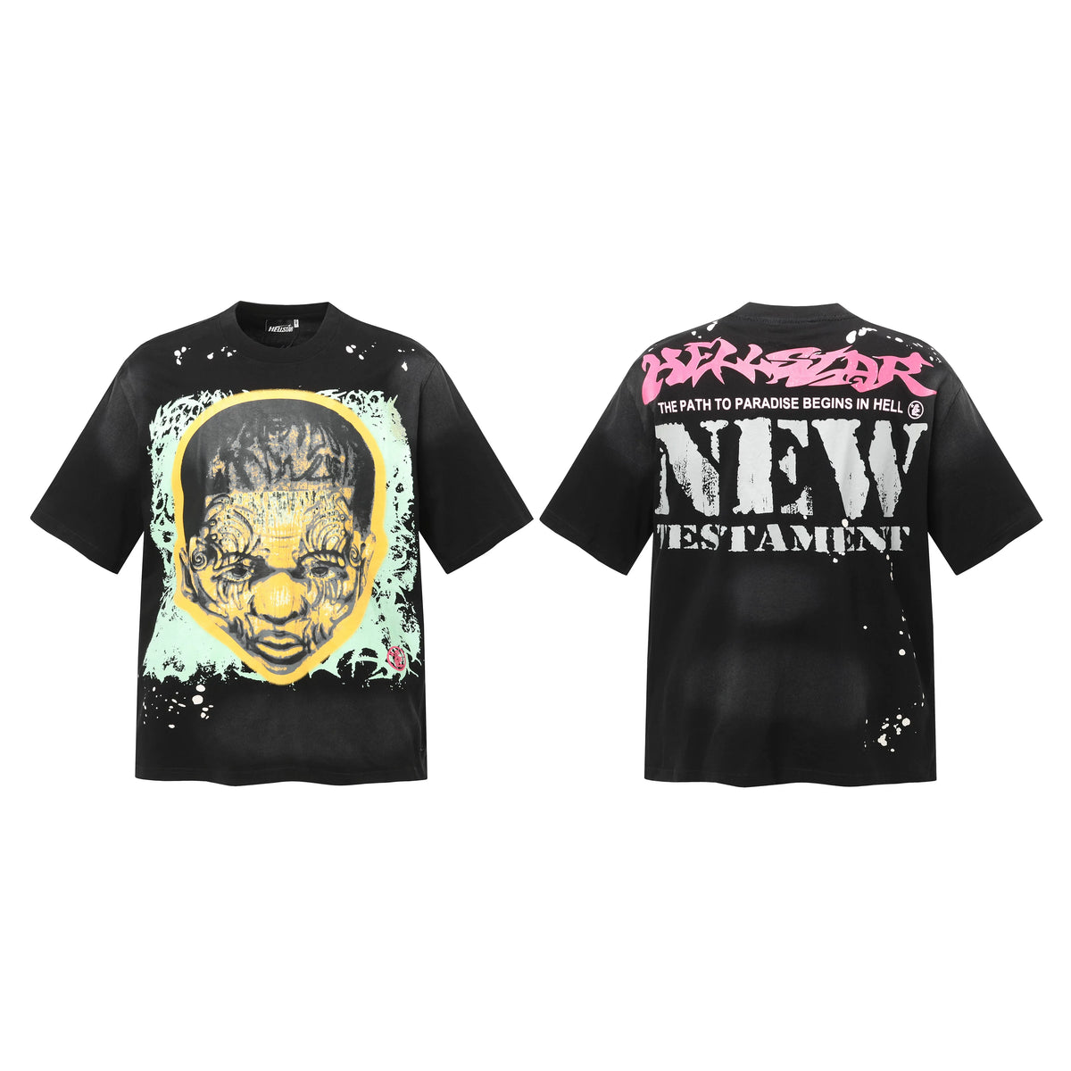 Hellstar Studios New Testament Portrait Splash Ink Vintage Washed Oversized T-Shirt Unisex Black Short Sleeve Tee