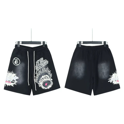 Hellstar Black Monster‑Print Streetwear Loose Casual Shorts