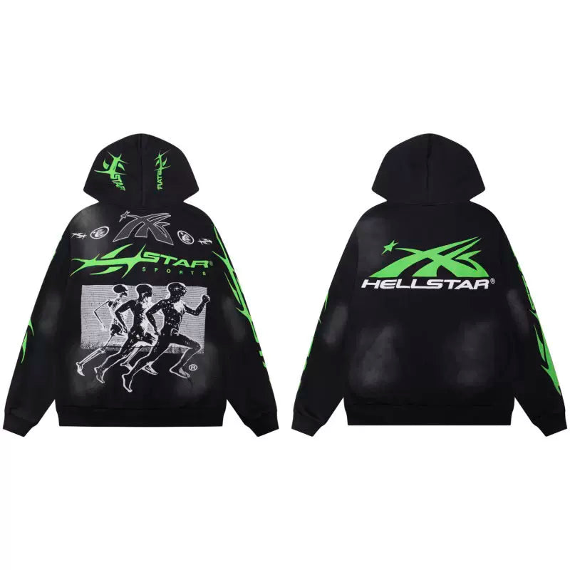Hellstar Studios Black Cloud Wash Running Skeleton Unisex Hoodie Sweatshirt