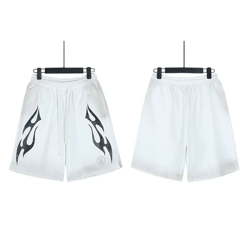 Hellstar White Black‑Flame Logo Streetwear Loose Casual Shorts