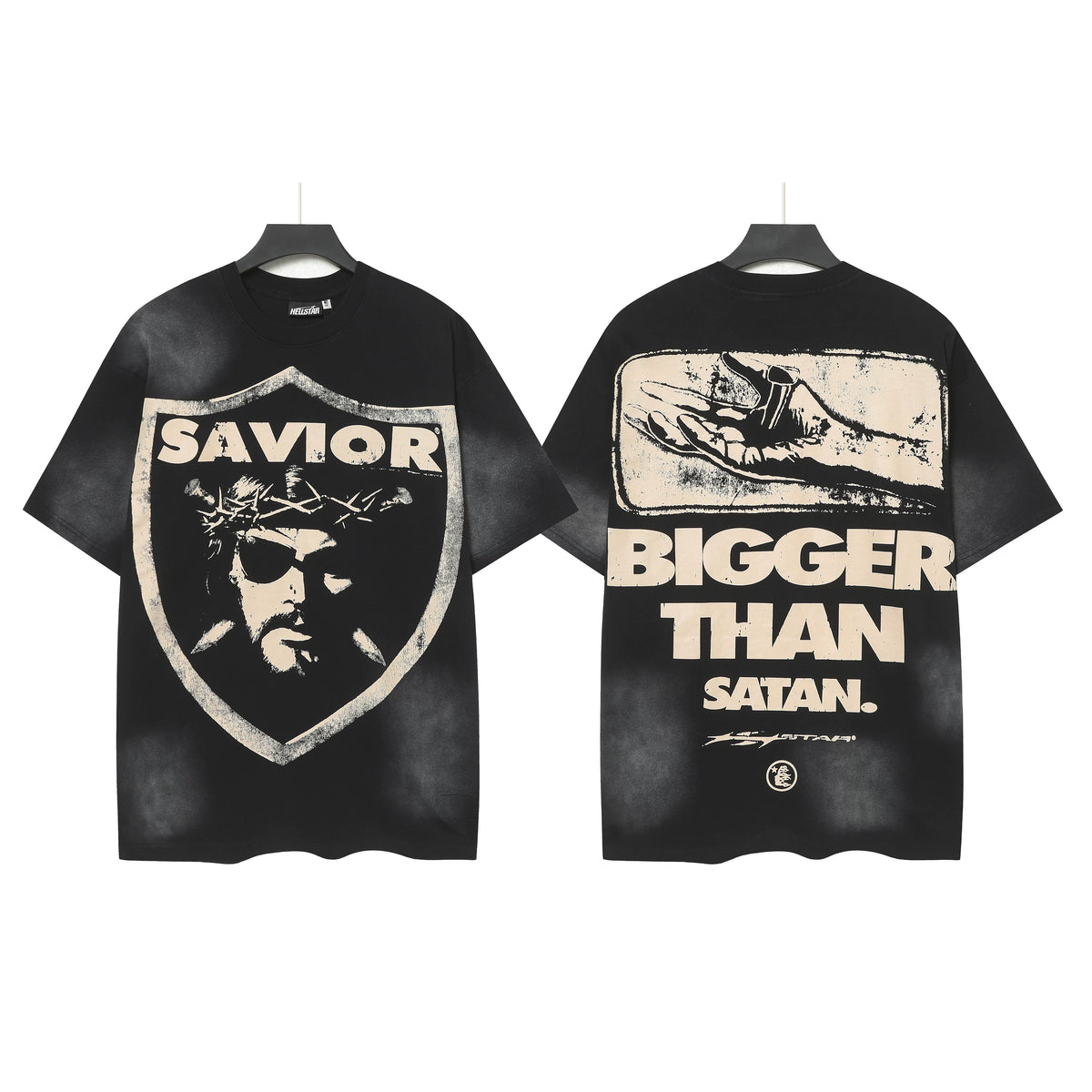 Hellstar Studios Savior Shield Vintage Gradient Washed Oversized T-Shirt Unisex Black Short Sleeve Tee