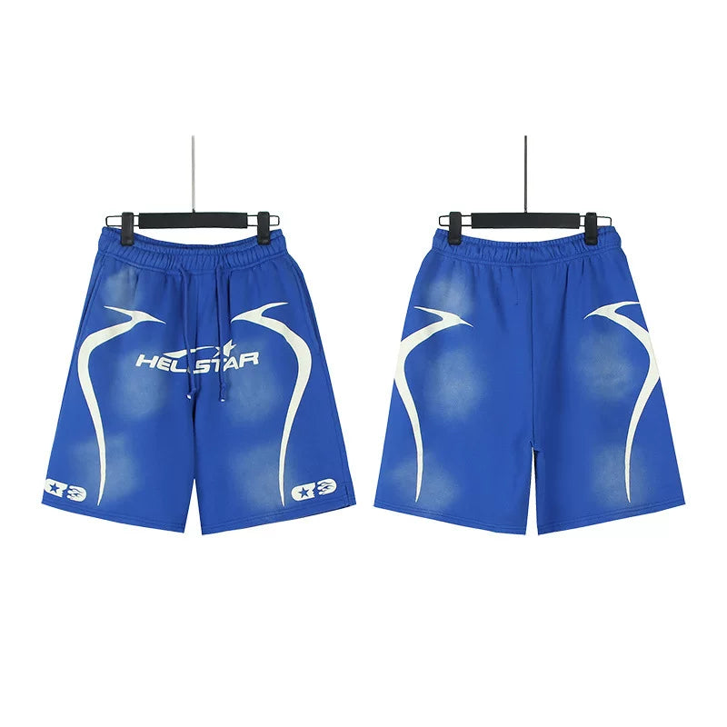 Hellstar Blue Curved Logo Streetwear Loose Casual Shorts