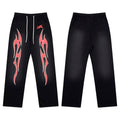 Hellstar Vintage Faded Black Red‑Flame Graphic Wide‑Leg Sweatpants