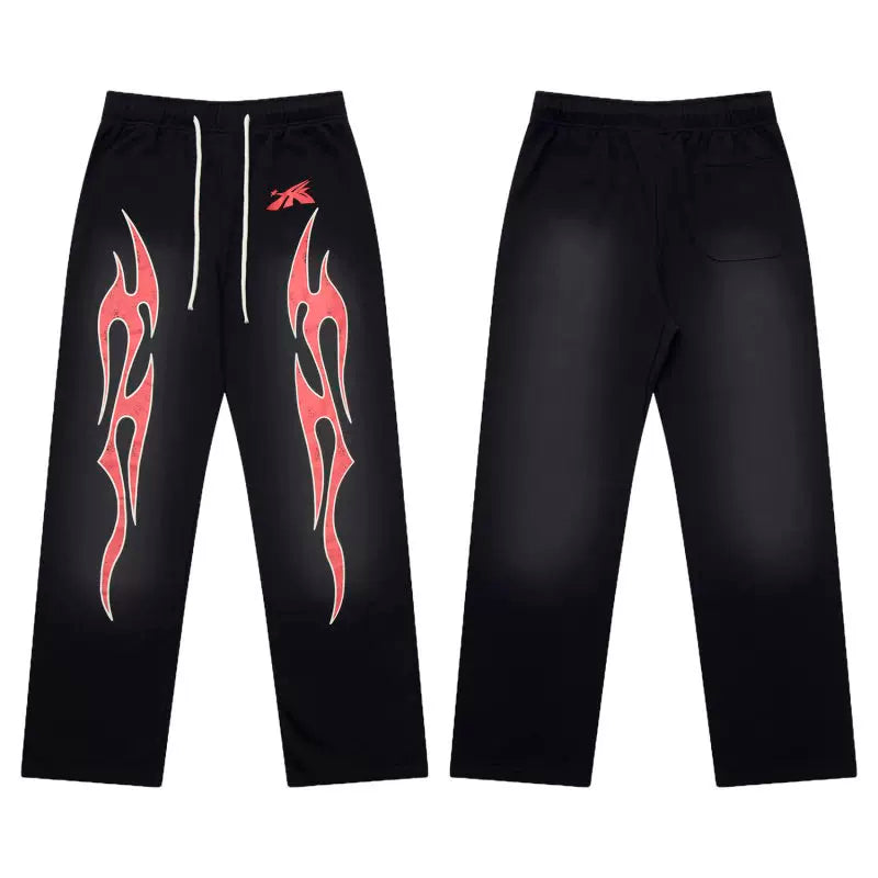 Hellstar Vintage Faded Black Red‑Flame Graphic Wide‑Leg Sweatpants