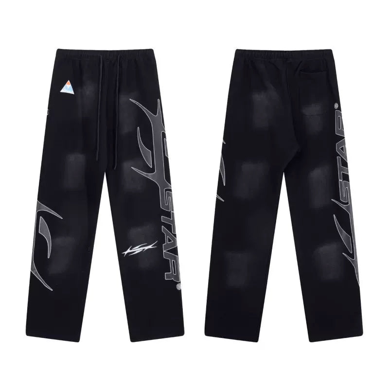 Hellstar Vintage Faded Black Side Letter Abstract Graphic Wide‑Leg Sweatpants