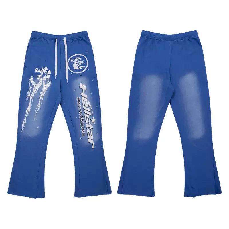 Hellstar Vintage Faded Blue Totem Letter Print Flared Sweatpants