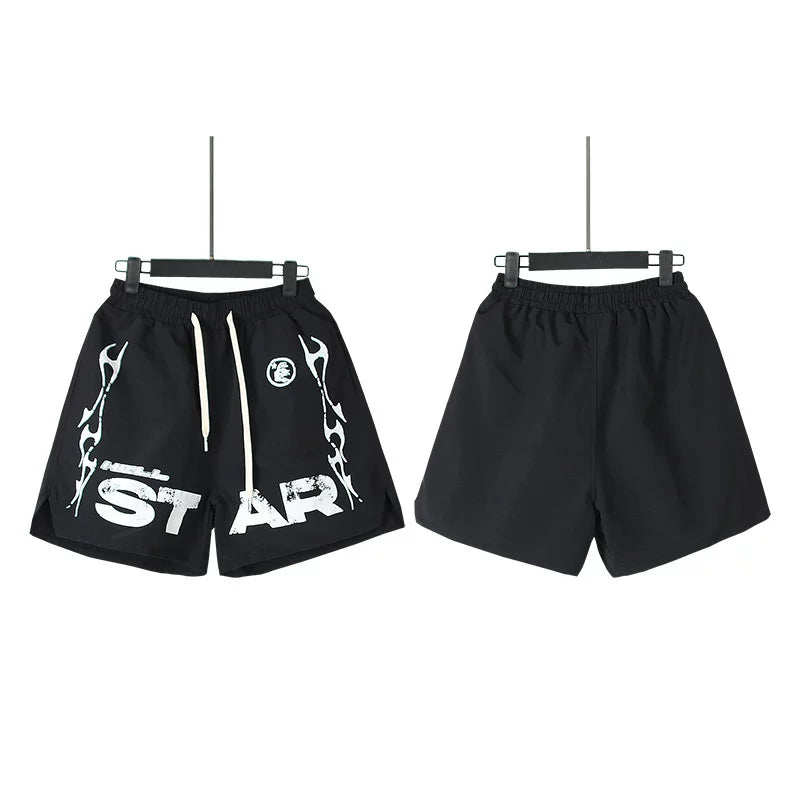 Hellstar Black Distressed Star Letter Flame Print Streetwear Loose Shorts