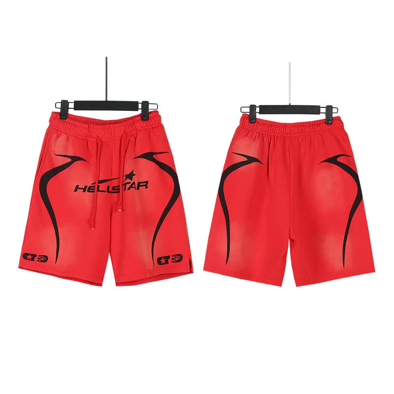 Hellstar Bright‑Red Curved Logo Streetwear Loose Casual Shorts