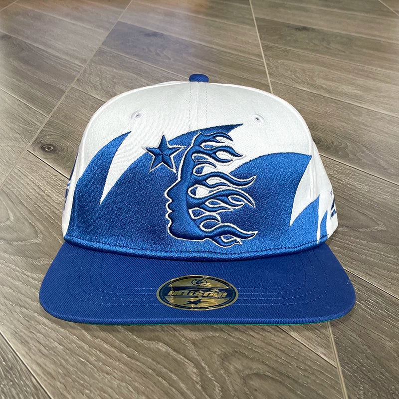 Hellstar White‑Blue Contrast 3D Embroidery Flat Brim Snapback Cap
