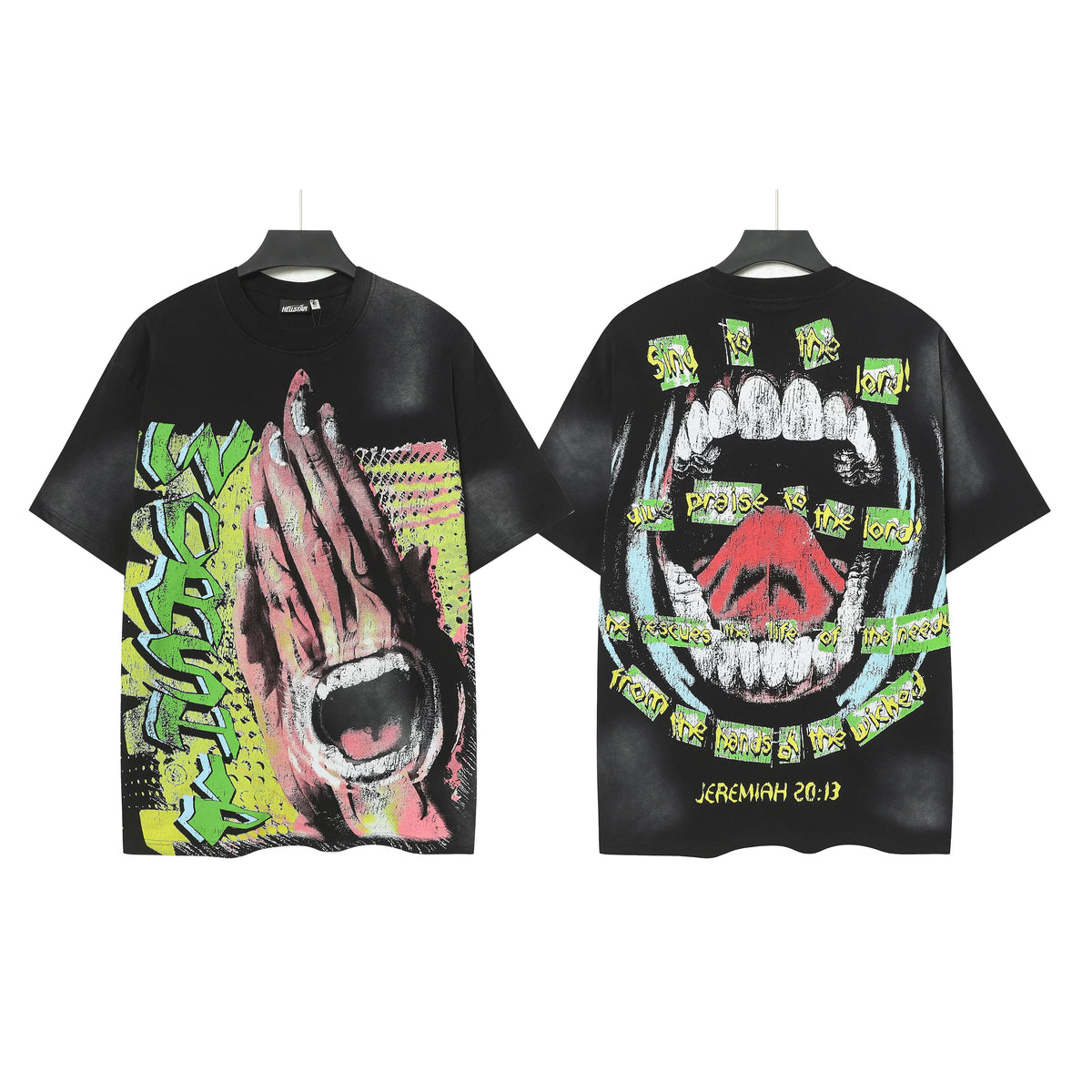Hellstar Studios Praying Hands Open Mouth Graffiti Vintage Washed Oversized T-Shirt Unisex Black Short Sleeve Tee