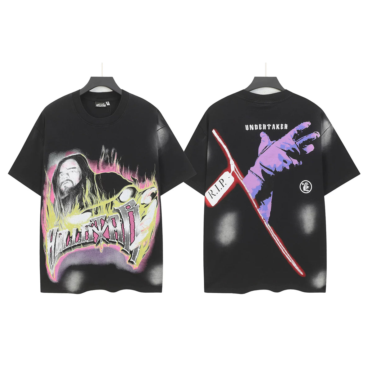 Hellstar Studios Undertaker Flame Portrait Vintage Washed Oversized T-Shirt Unisex Black Short Sleeve Tee