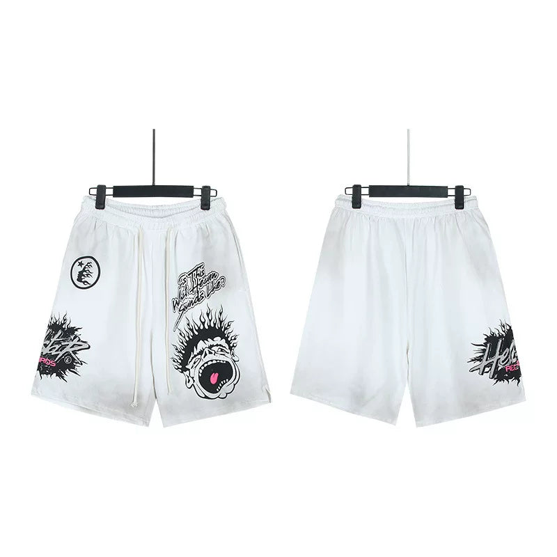 Hellstar White Screaming‑Face Print Streetwear Loose Shorts