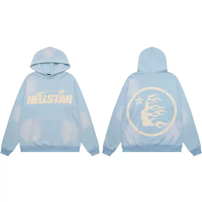Hellstar Studios Sky Blue Cloud Wash Circular Flame Portrait Hoodie Unisex Sweatshirt