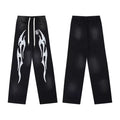 Vintage Faded Black White Flame Graphic Wide‑Leg Sweatpants