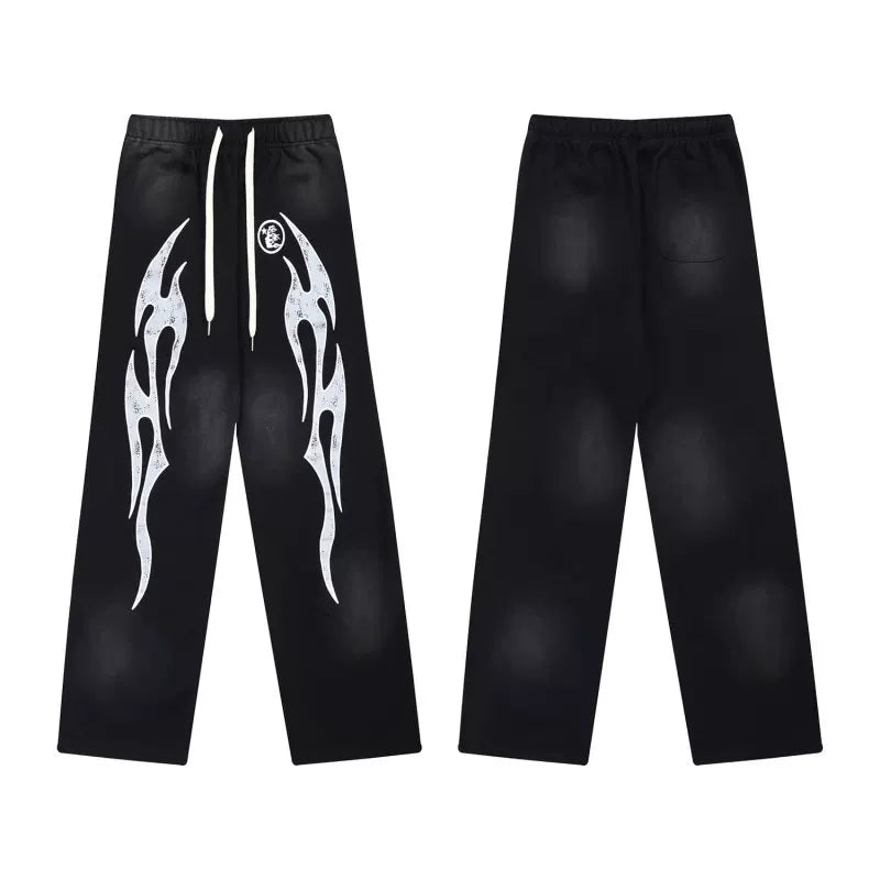 Vintage Faded Black White Flame Graphic Wide‑Leg Sweatpants