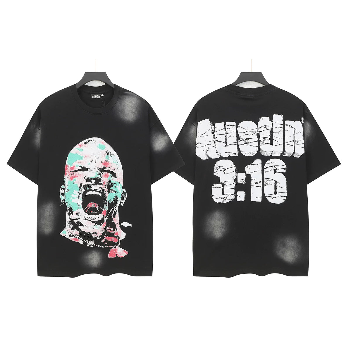 Hellstar Studios Austin 3:16 Portrait Vintage Washed Oversized T-Shirt Unisex Black Short Sleeve Tee