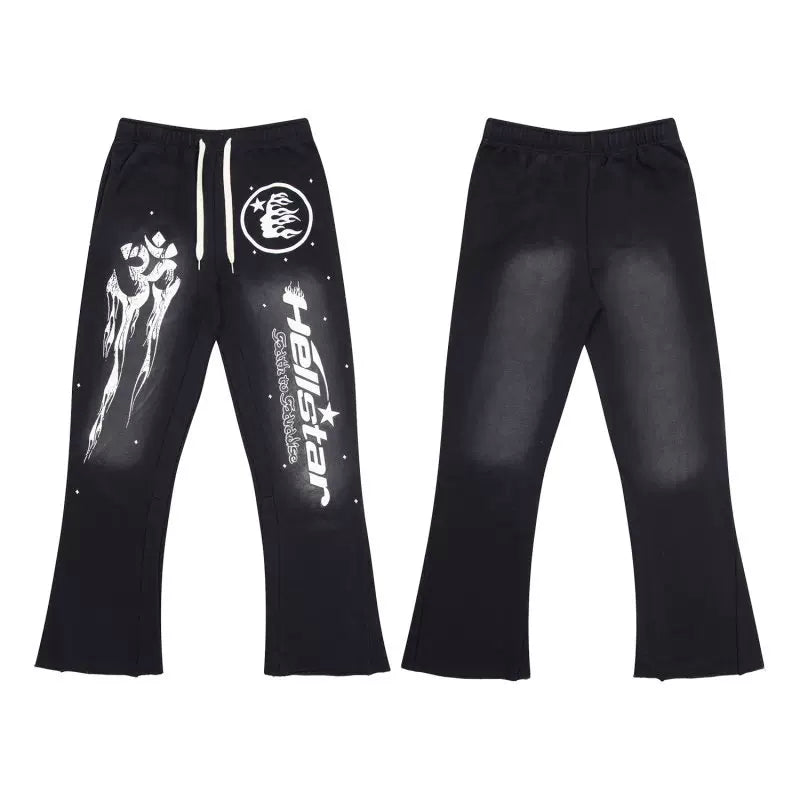 Hellstar Vintage Faded Black Totem Letter Print Flared Sweatpants