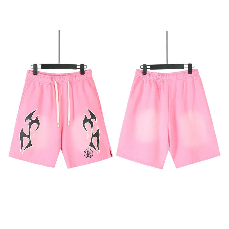 Hellstar Tribal Flame Print Vintage Washed‑Out Loose‑Fit Casual Pink Sweat Shorts With Pockets