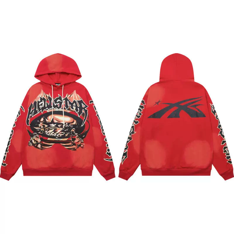 Hellstar Studios Red Cloud Wash Skeleton Graphic Unisex Hoodie Sweatshirt