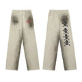 Vintage Gradient Wash Beige Skull Graphic Wide‑Leg Sweatpants Drawstring Elastic Waist Streetwear Loose Trousers