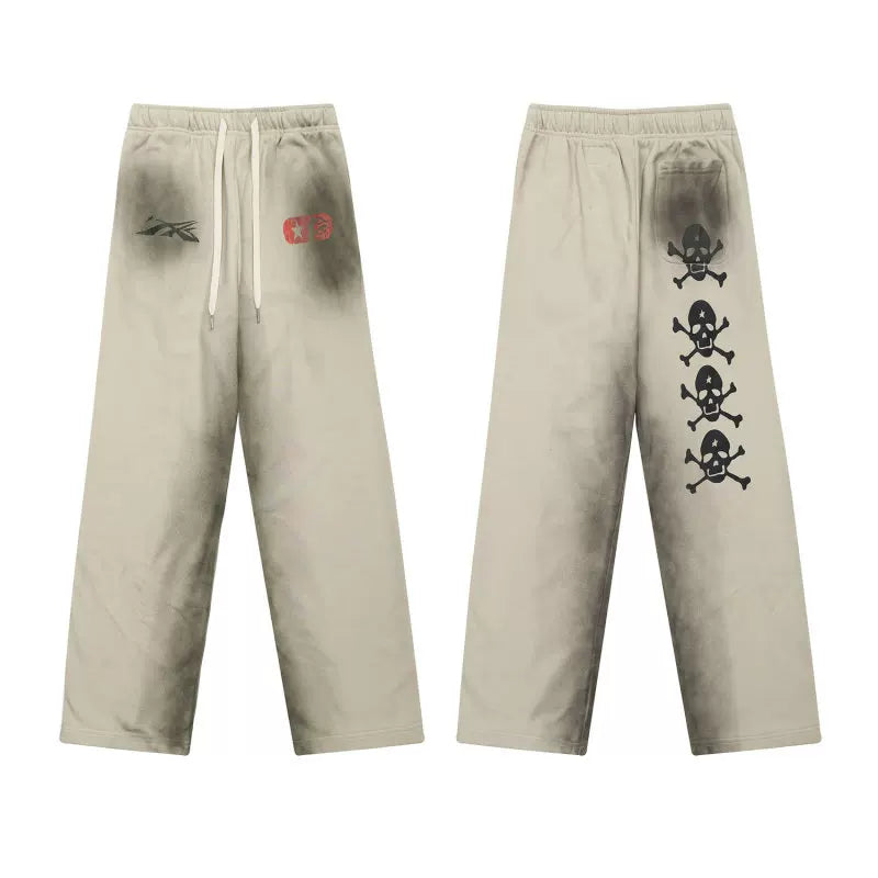 Vintage Gradient Wash Beige Skull Graphic Wide‑Leg Sweatpants Drawstring Elastic Waist Streetwear Loose Trousers