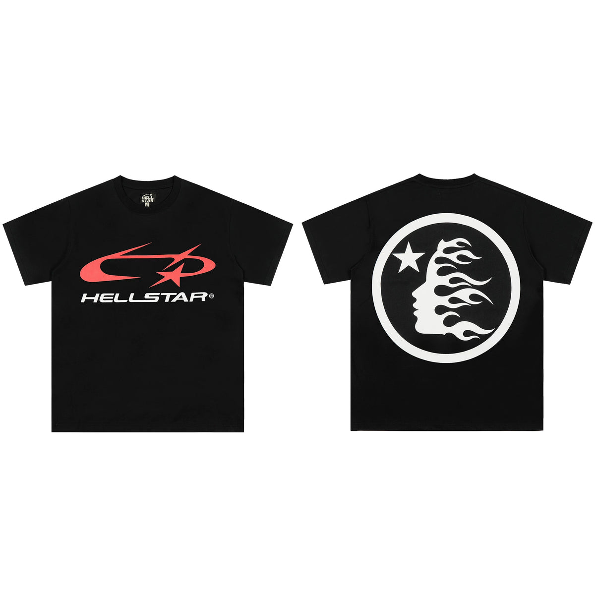 Hellstar Classic Logo T-Shirt Black - Red Star Swoosh Front Flame Face Circle Back Print Streetwear Tee