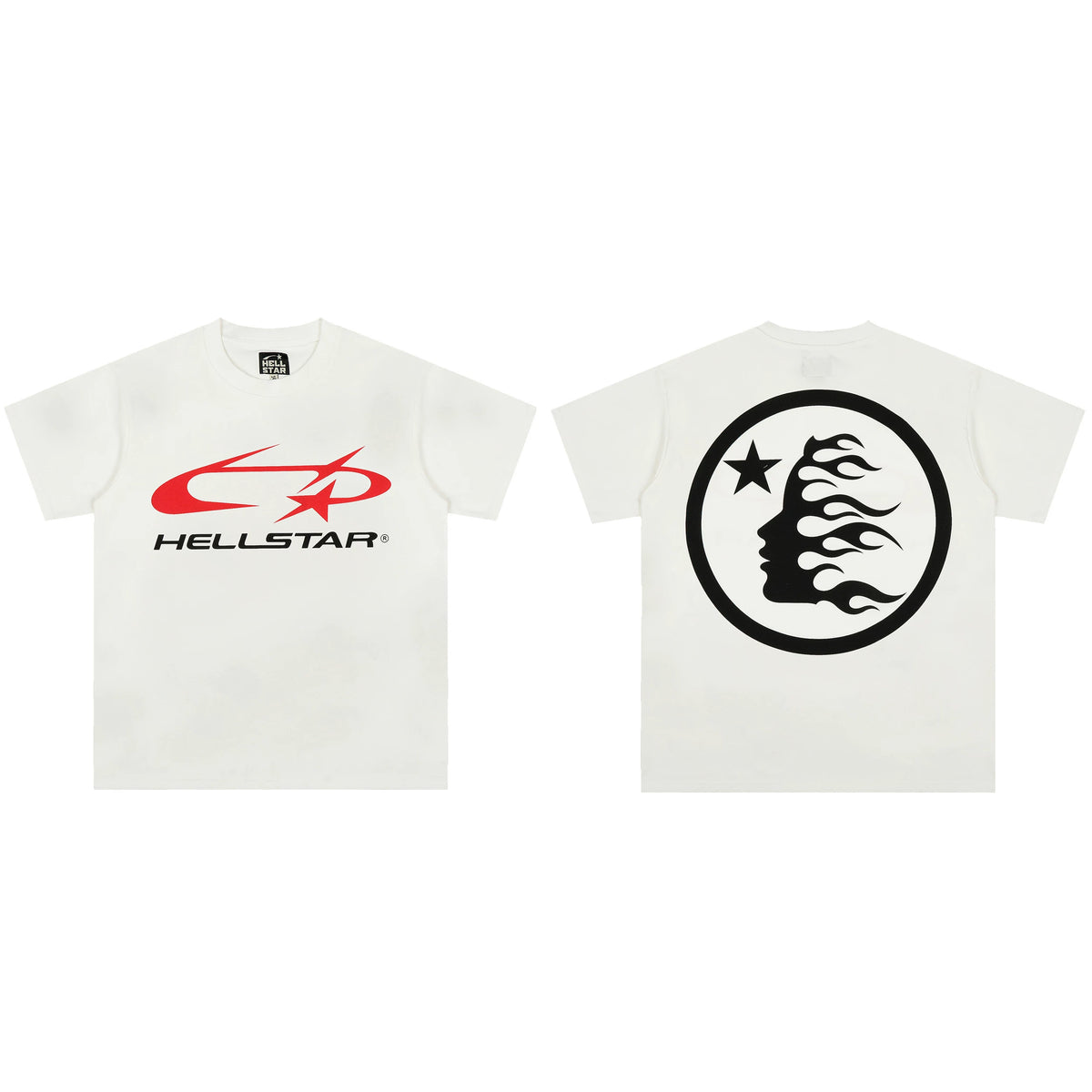 Hellstar Classic Logo T-Shirt White - Red Star Swoosh Front Flame Face Circle Back Print Streetwear Tee