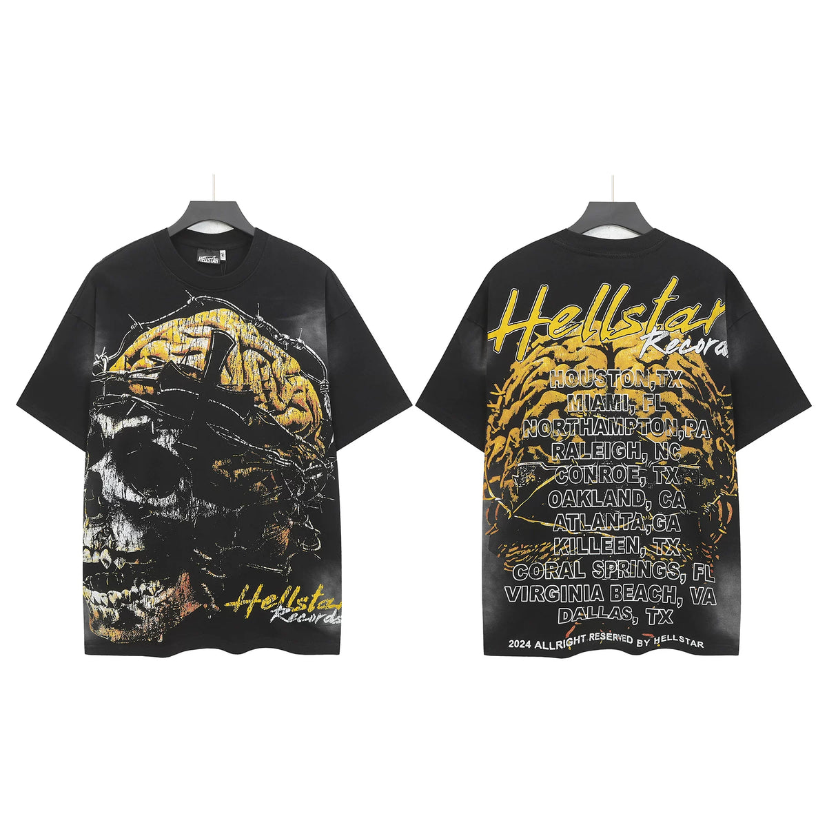 ：Hellstar Studios Barbed Wire Skull Brain Vintage Washed Tour Oversized T-Shirt Unisex Black Short Sleeve Tee