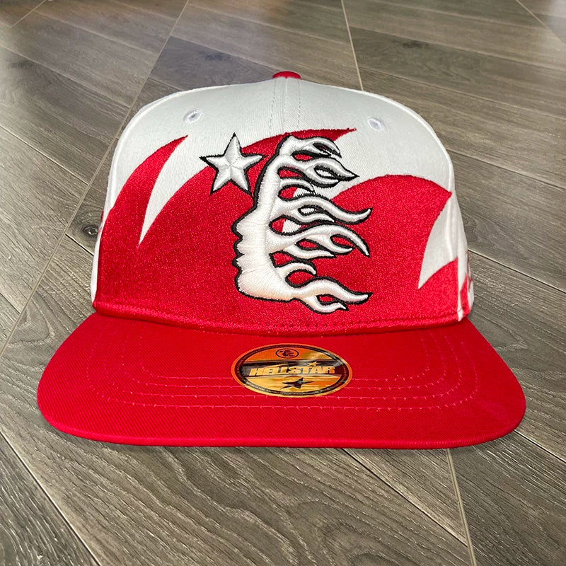 Hellstar White‑Red Contrast 3D Embroidery Flat Brim Snapback Cap