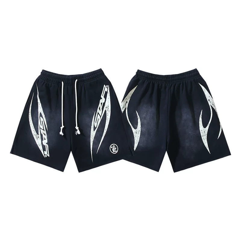 Hellstar Navy Blue Blade Logo Print Streetwear Loose Shorts