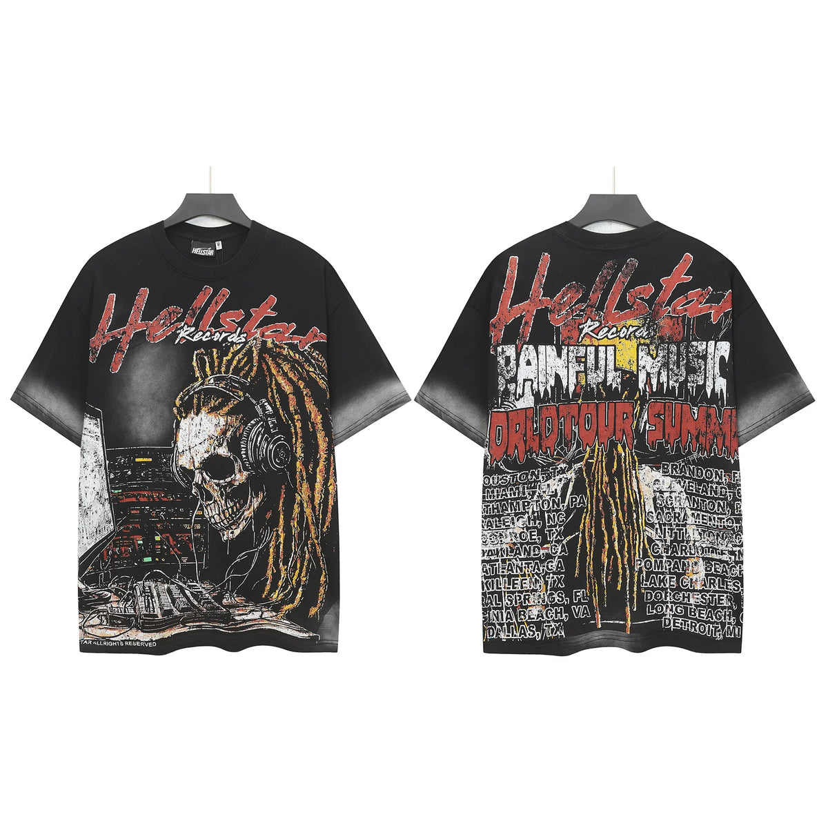 Hellstar Studios Painful Music World Tour Vintage Washed Skull DJ Oversized T-Shirt Unisex Black Short Sleeve Tee