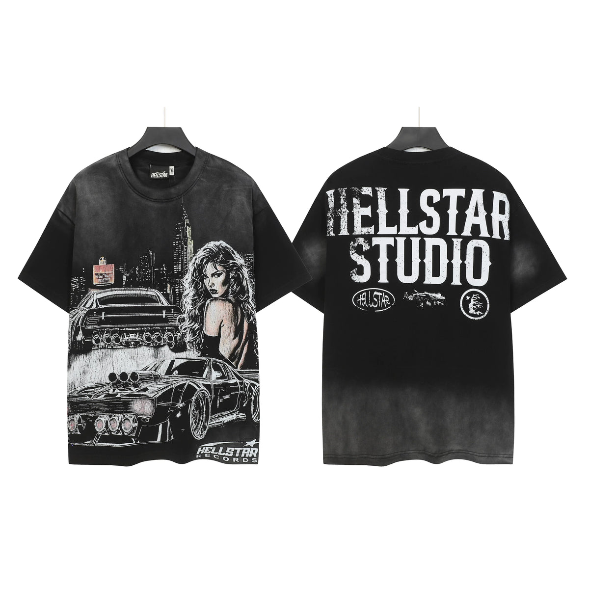 Hellstar Studios Vintage Wash City Muscle Car Lady Graphic Oversized T-Shirt Unisex Black Short Sleeve Tee