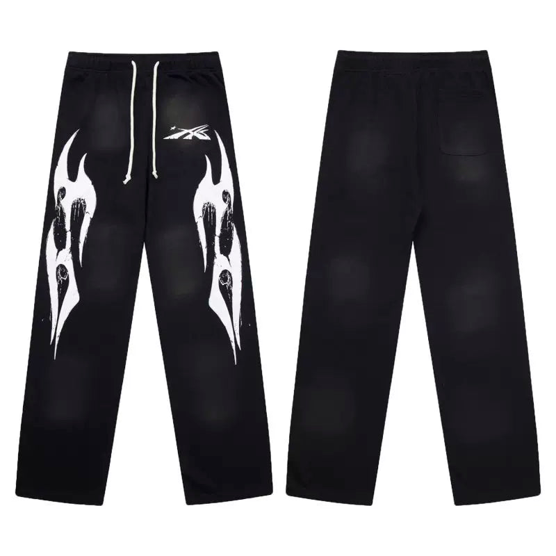 Hellstar Vintage Faded Black Abstract Ghost Graphic Wide‑Leg Sweatpants