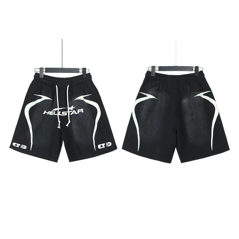 Hellstar Black White Curved Logo Streetwear Loose Casual Shorts