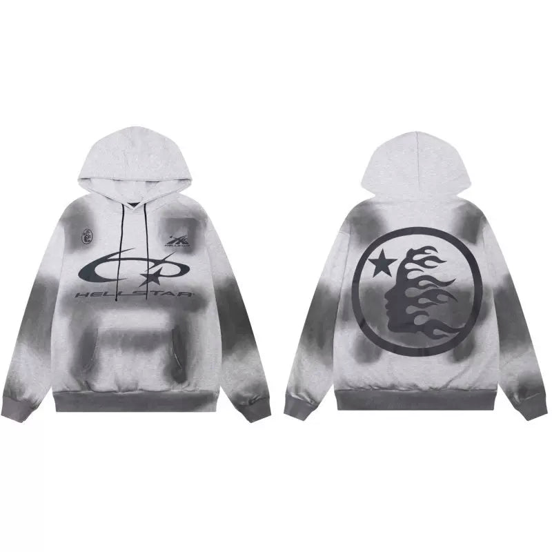 Hellstar Studios Grey Gradient Wash Circular Flame Portrait Unisex Hoodie Sweatshirt