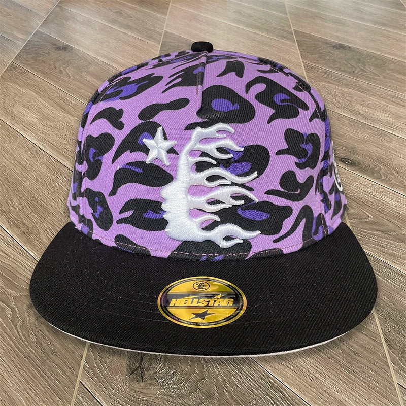 Hellstar Purple Leopard‑Print White 3D Embroidery Flat Brim Snapback Cap