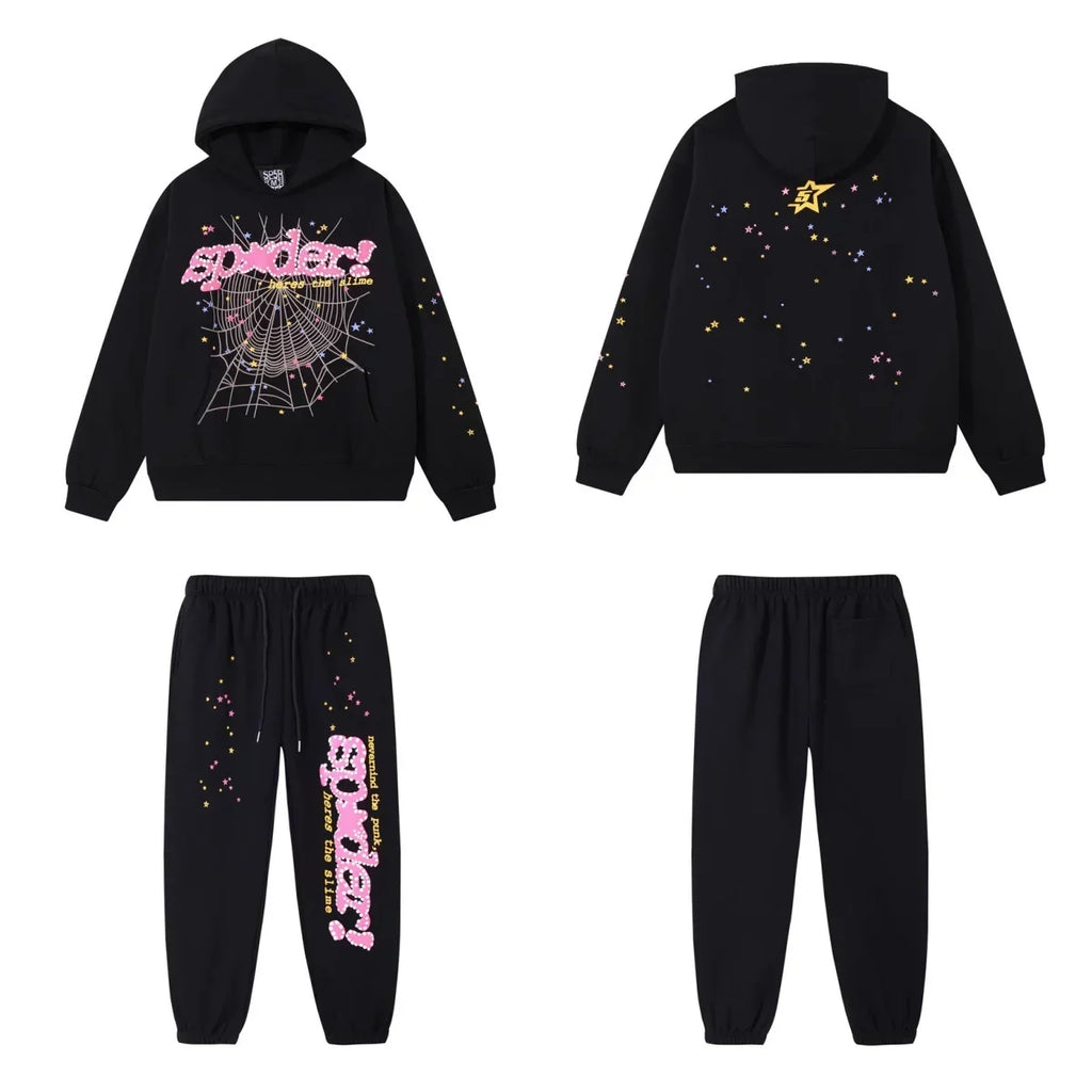 SP5DER Web Graphic Pullover Hoodie and Sweatpants Matching Set - Black / Pink