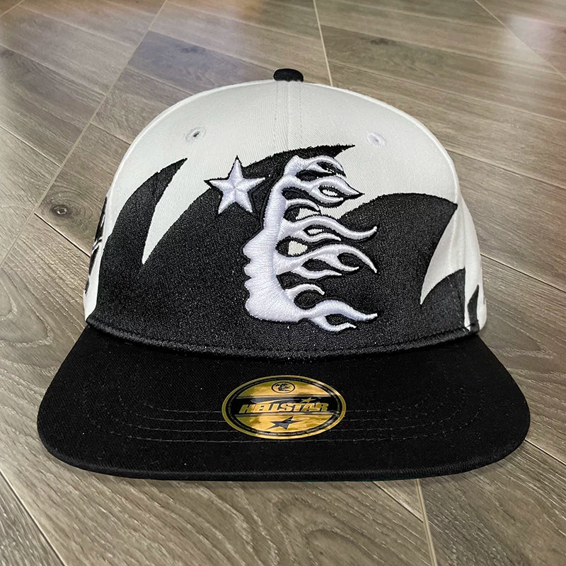 Hellstar White‑Black Contrast 3D Embroidery Flat Brim Snapback Cap