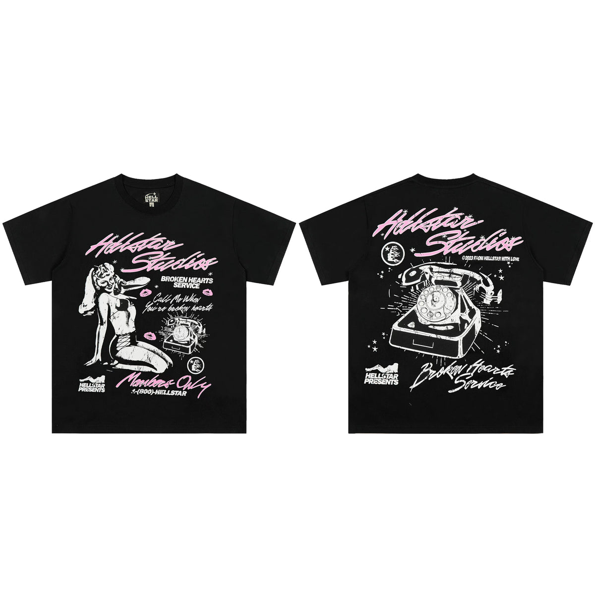 Hellstar Studios Broken Hearts Service T-Shirt Black - Vintage Pin-Up Girl Retro Telephone Graphic Tee Y2K Streetwear
