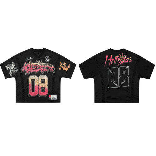 Hellstar 08 Jersey Black Mesh Football Shirt - Graffiti Logo Gradient Number Streetwear Oversized Hip Hop Tee