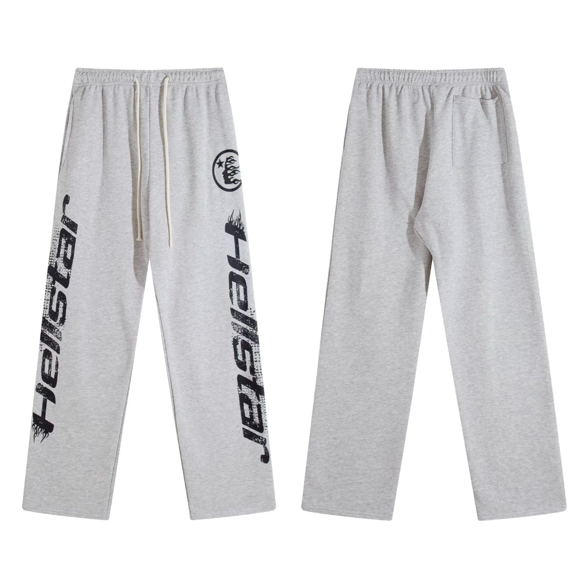 Hellstar Heather Grey Distressed Black Double‑Side Letter Logo Wide‑Leg Sweatpants