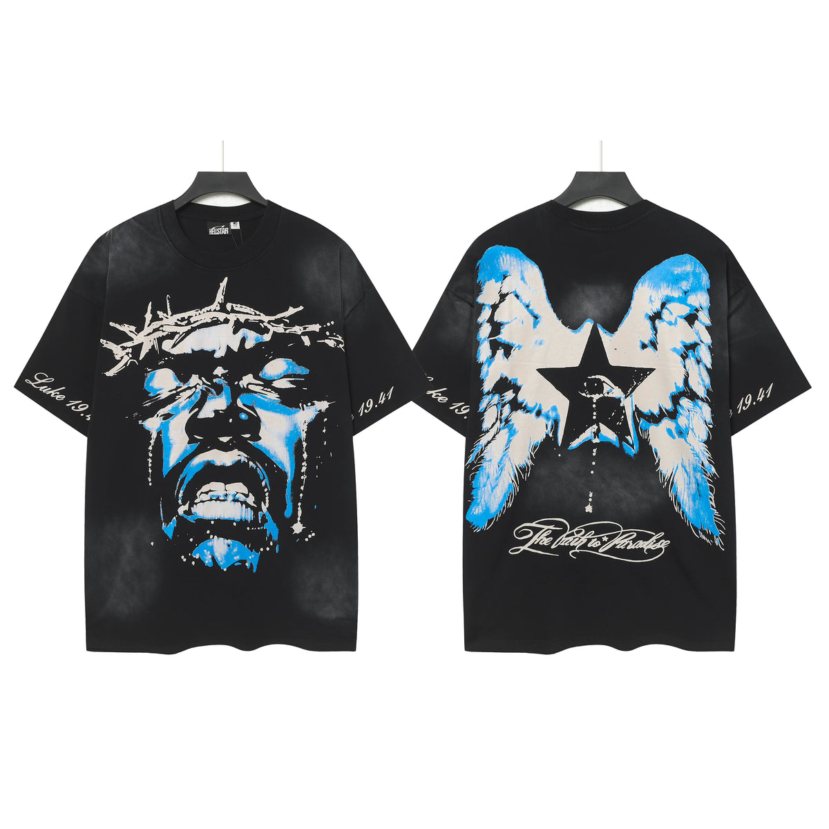 Hellstar Studios Blue Tear Crown of Thorns Angel Wings Vintage Washed Oversized T-Shirt Unisex Black Short Sleeve Tee