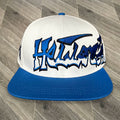 Hellstar White‑Blue Graffiti Letter 3D Embroidery Flat Brim Snapback Cap