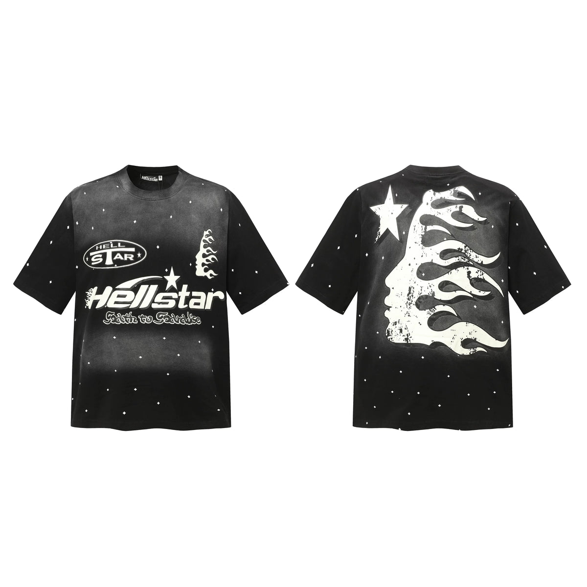 Hellstar Studios Starry Dot Flame Portrait Vintage Gradient Washed Oversized T-Shirt Unisex Black Short Sleeve Tee